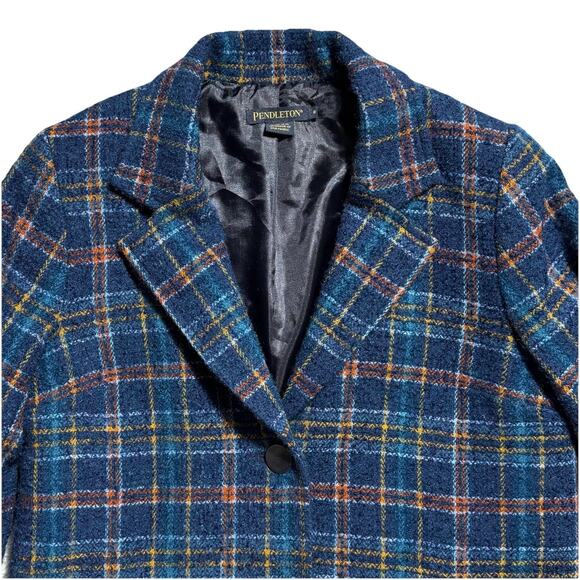 Pendleton Blue Plaid Virgin Wool Mohair Lambs Wool Pea Coat Womens 8 - Picture 2 of 6